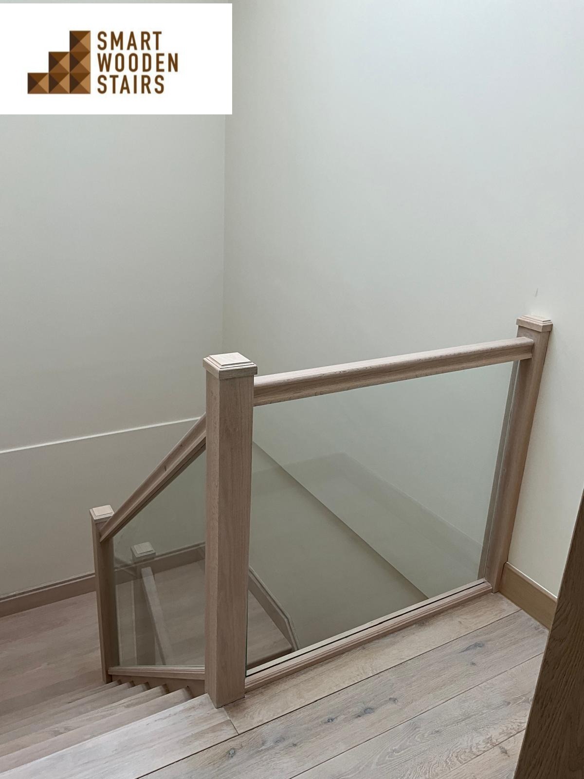 Oak handrail oak post oak cap with glass