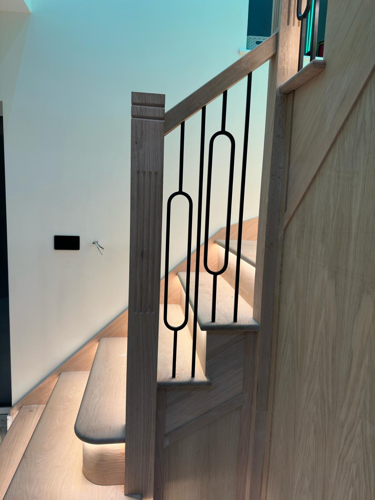Oak staircase with metal spindles & Led lights